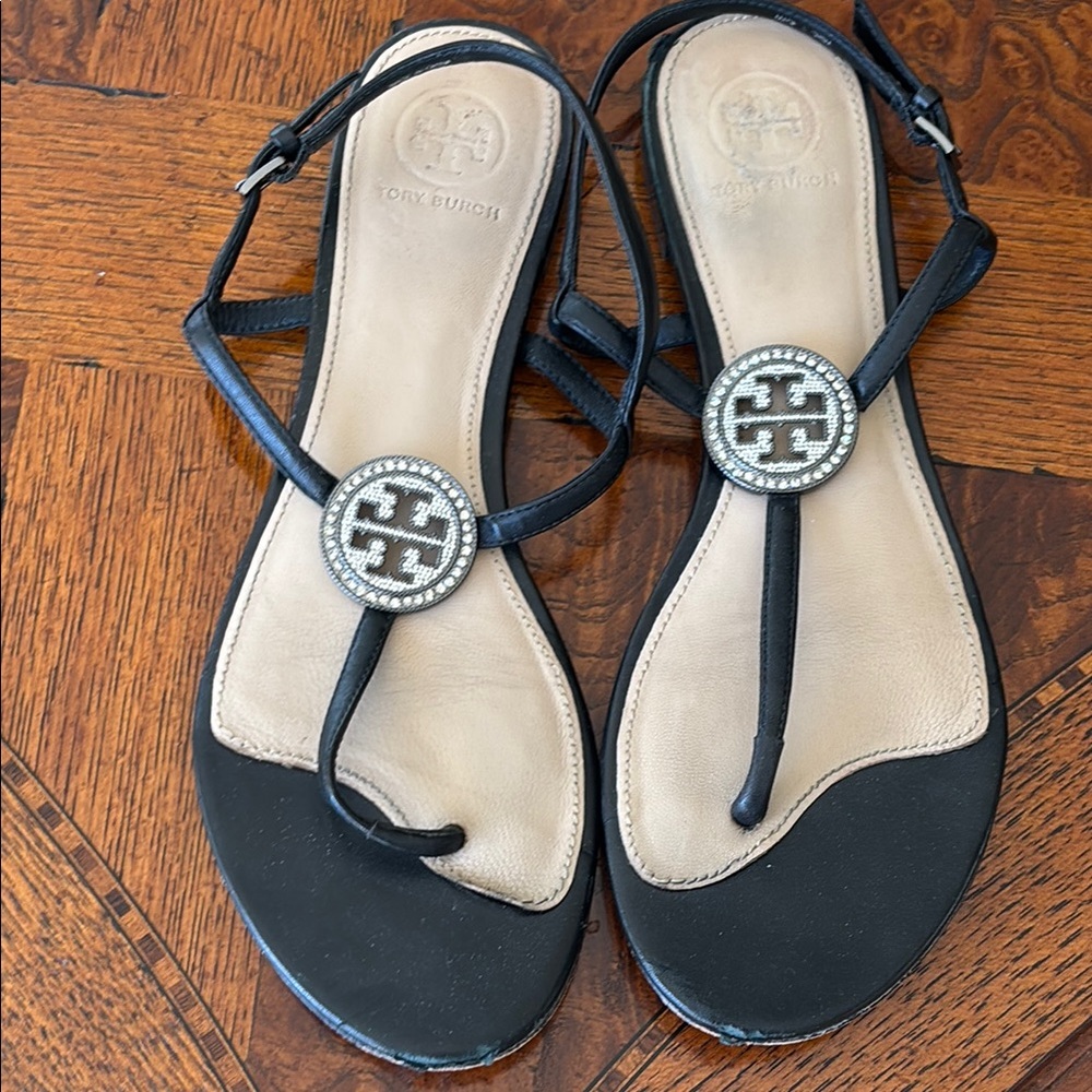 Tory Burch Liana Black Sandals with T-strap Design Crystal Emblem